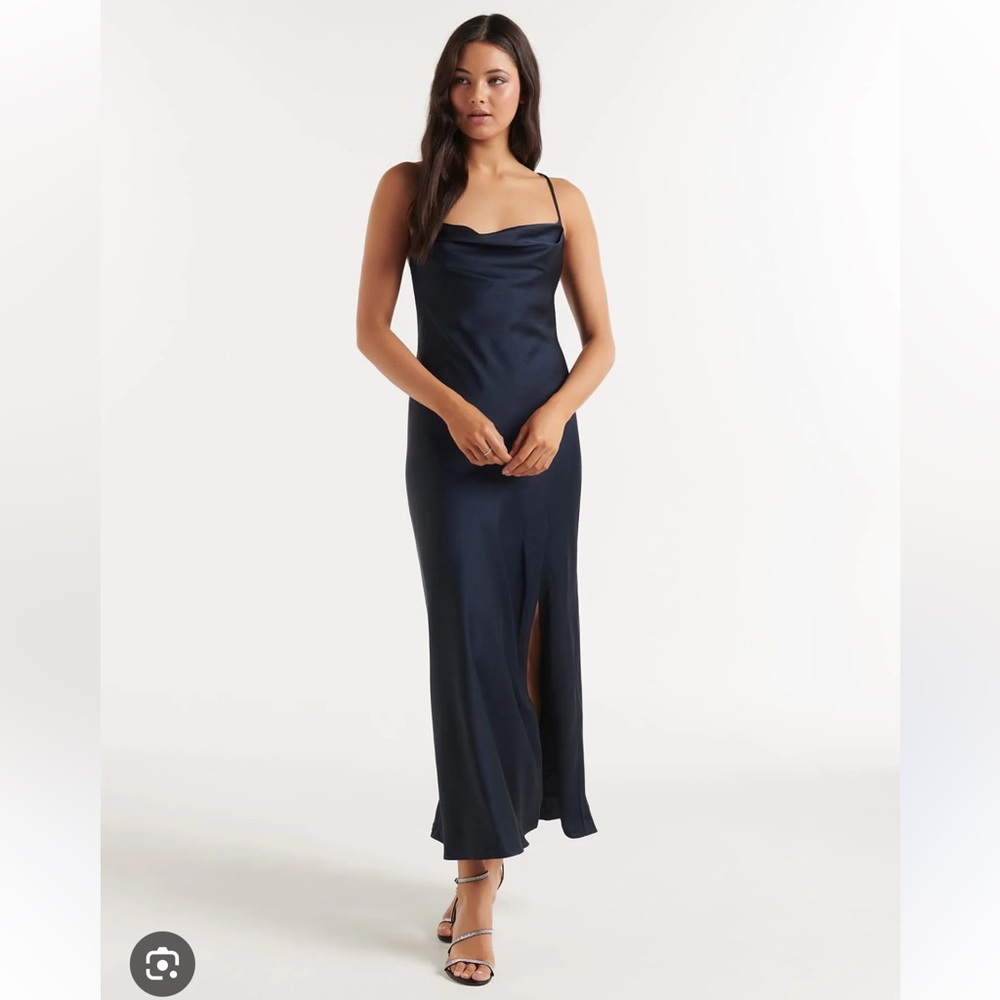 EVER NEW Chantelle Satin Drape Midi Dress Navy Blue Size 12 Large Worn Once